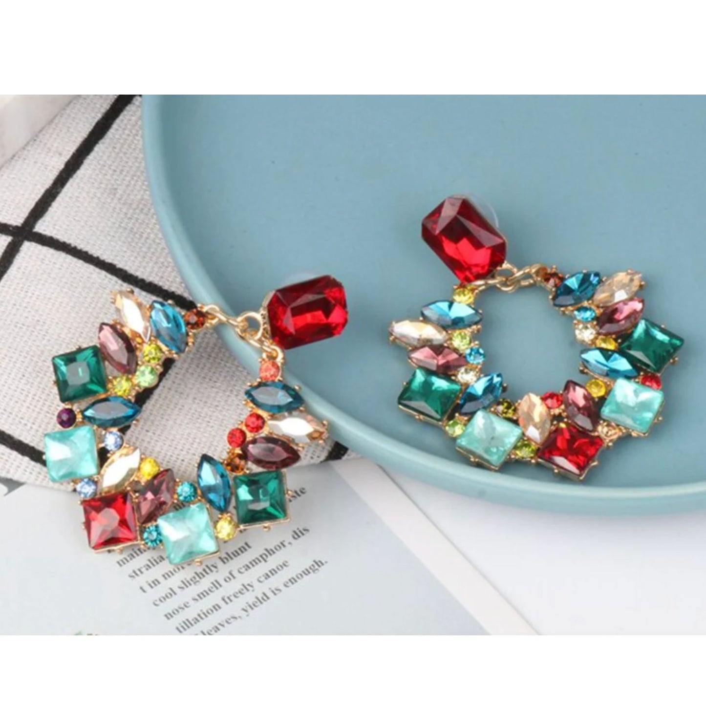 Goddess Red and Blue Rhinestone Statement Earrings
