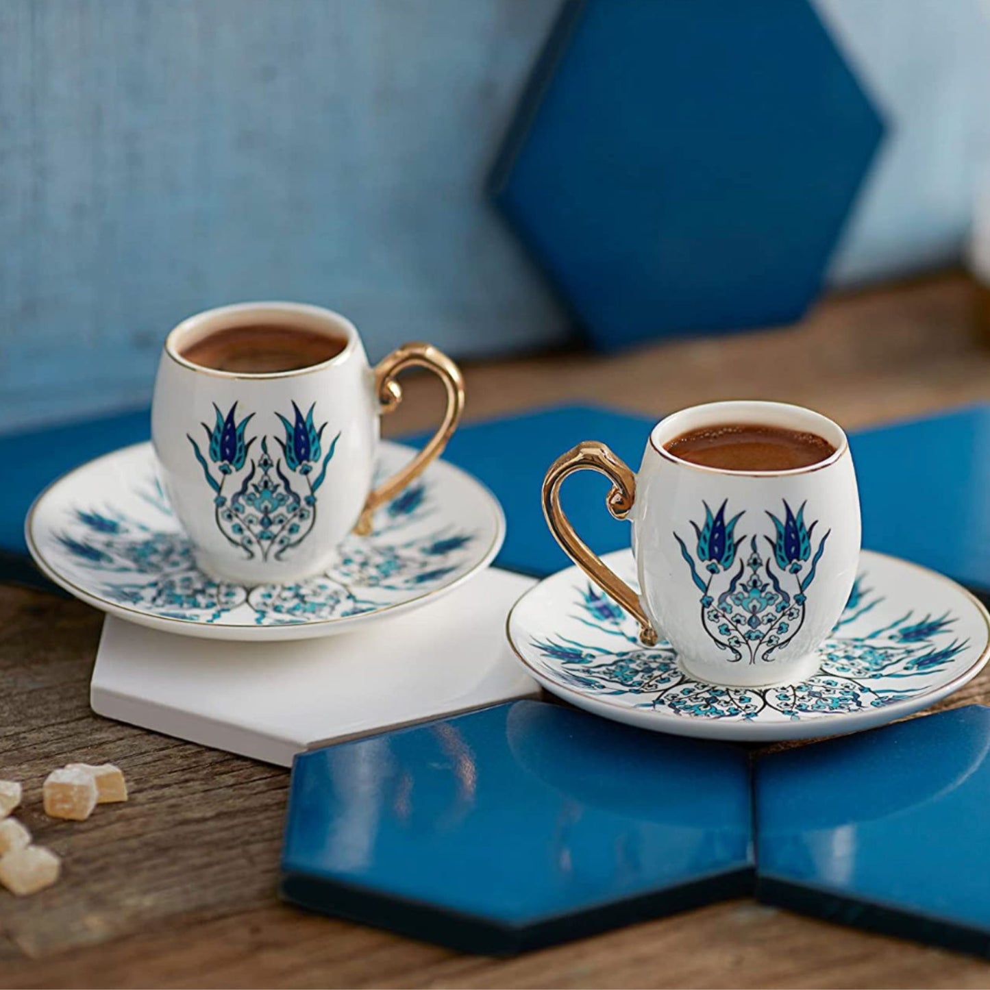 Evil Eye Inspired Cup & Saucer, Blue & White, Set of 2