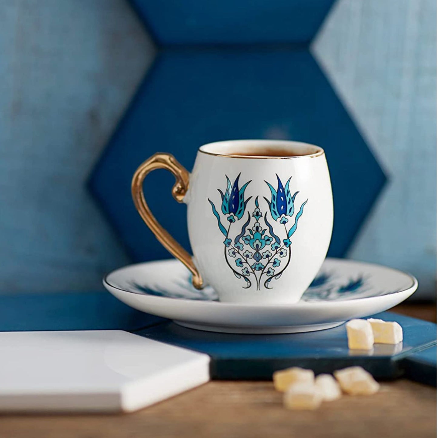 Evil Eye Inspired Cup & Saucer, Blue & White, Set of 2