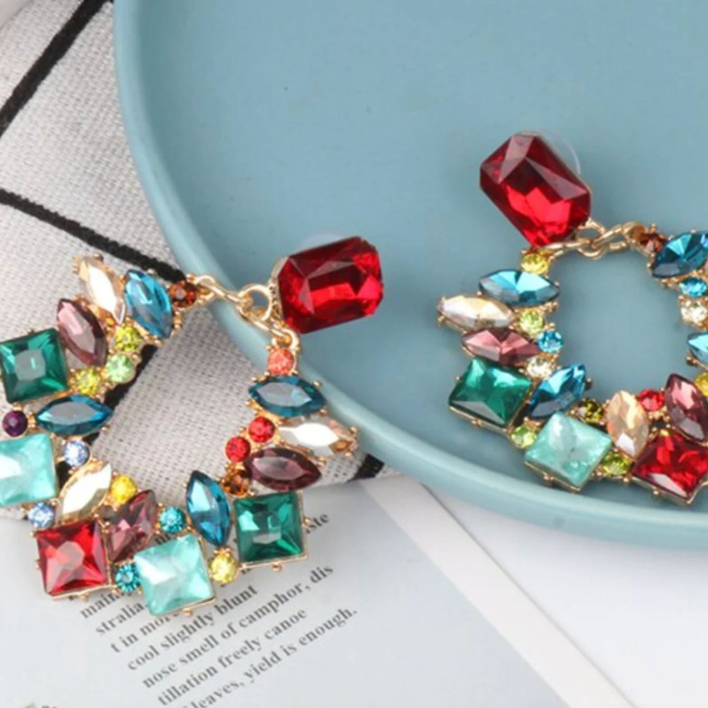 Goddess Red and Blue Rhinestone Statement Earrings